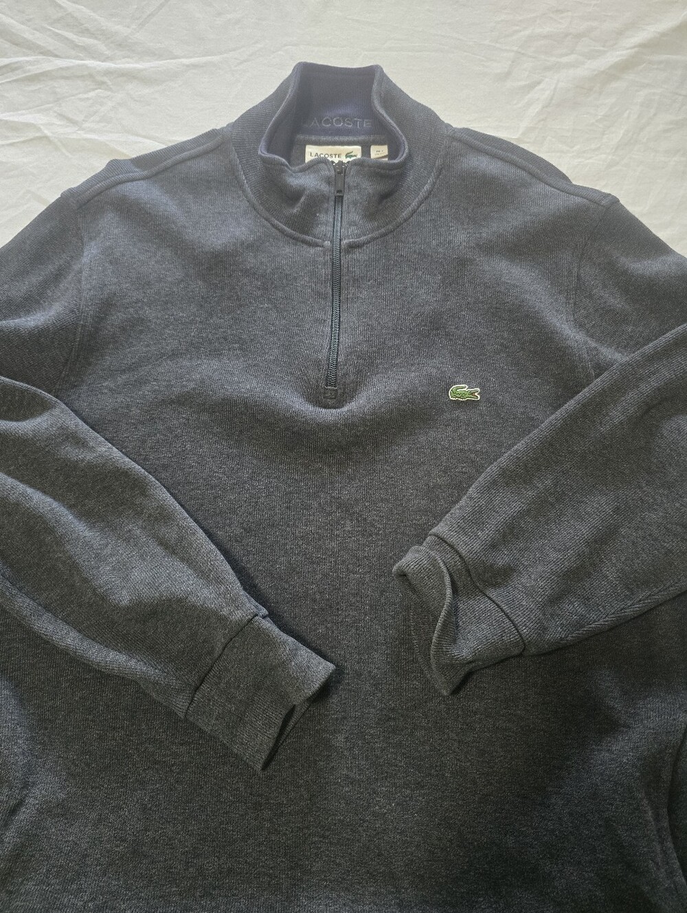 Lacoste Men's XXL Charcoal Quarter-Zip Sweater with Green Crocodile Logo